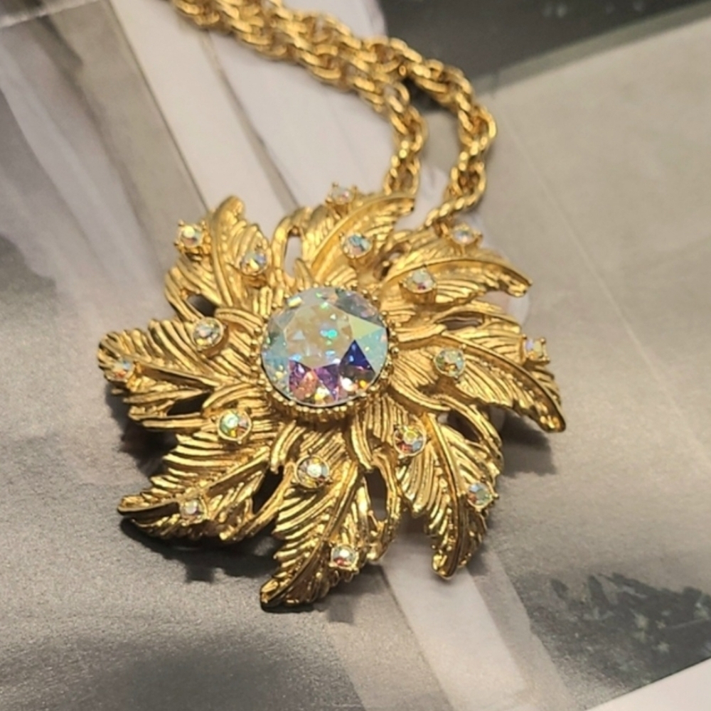 Vintage Estate Signed Graziano AB Crystal Leaf Brooch & Necklace